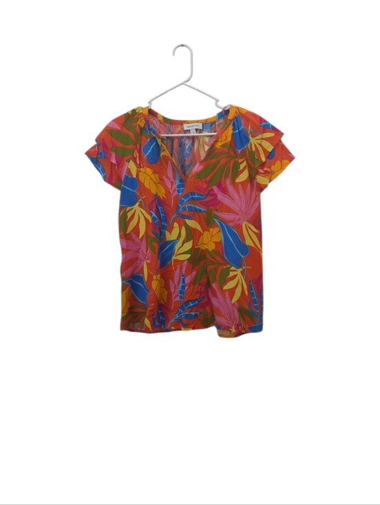 Calligraphie Tops - Calligraphie Linen Blend Tropical Floral Split Neck Blouse Orange Size Large L